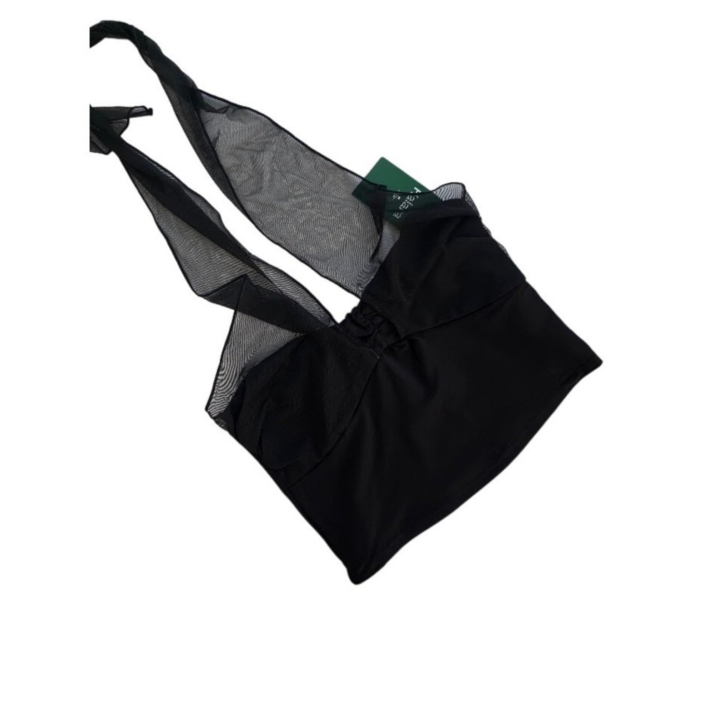 Halara Halter Crop Top Womens‎ XS Black Mesh Overlay Sleeveless NWT Summer Party